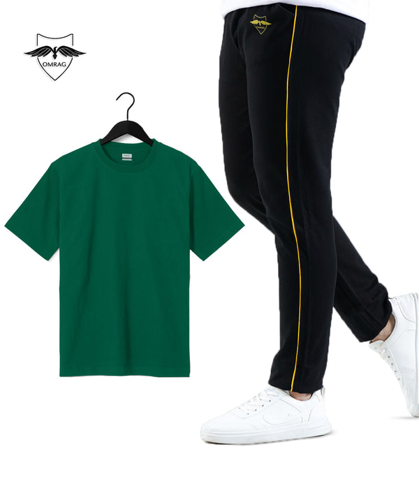 OMRAG - Round Neck Half Sleeve Tee Shirt With Slim Straight Fit Yellow Piping Trouser -