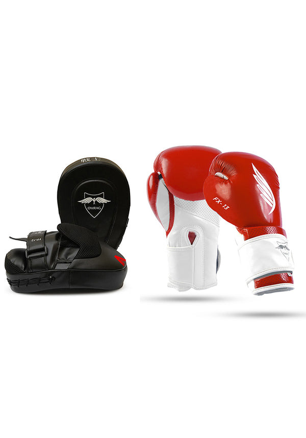 OMRAG - Black Focus Mittons Training Pads & Red Boxing Gloves  - Flex Edition