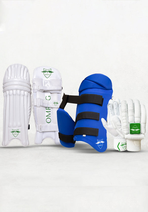 OMRAG - Cricket Bundle Batting Gloves Pads Thigh Pads Adult Men Right Hand Green Gloves