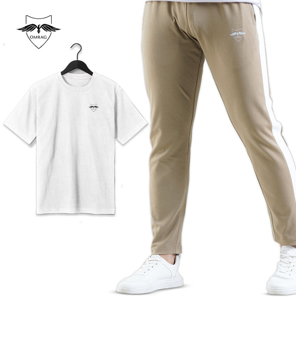 OMRAG - Round Neck Half Sleeve Tee Shirt With Slim Straight Fit White Panel Trouser -
