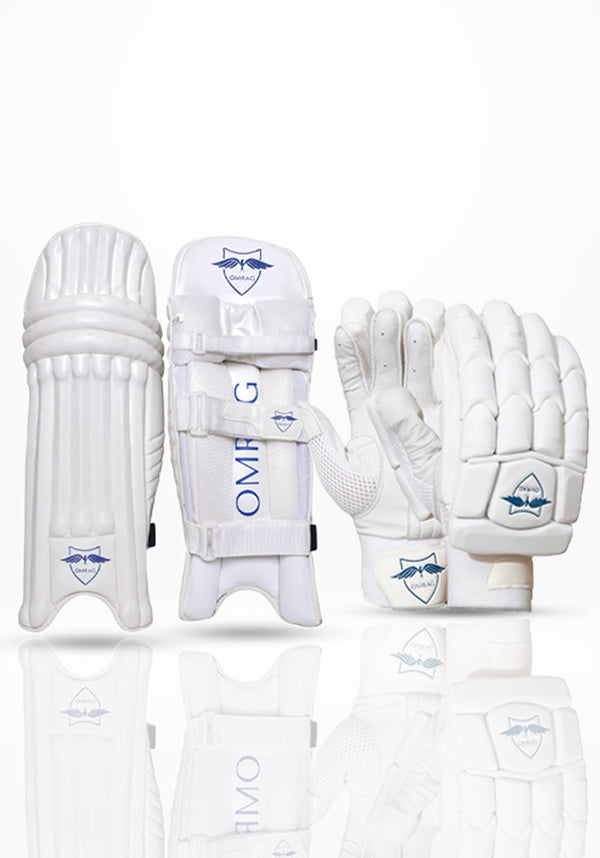 OMRAG - Cricket Bundle Batting Gloves Pads Adult Men Right Hand Blue Classic Edition