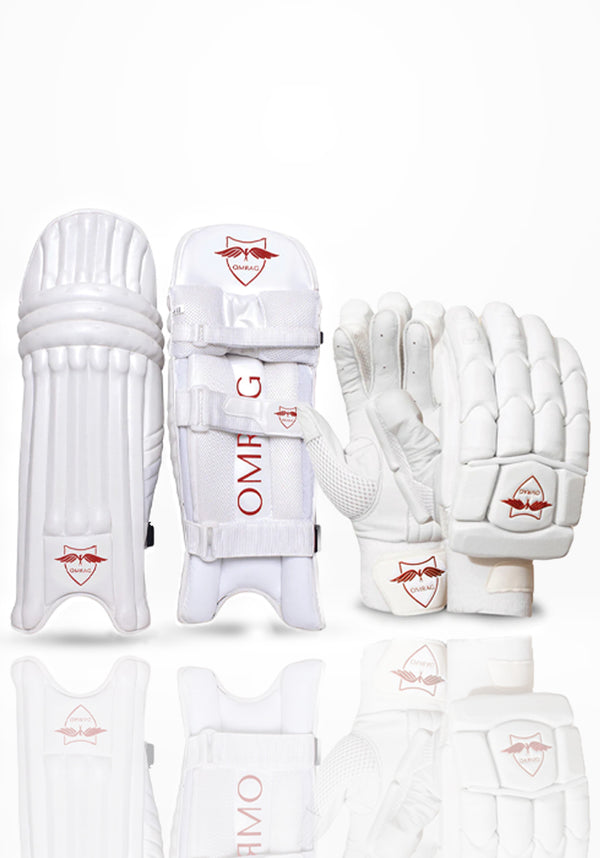 OMRAG - Cricket Bundle Batting Gloves Pads Adult Men Right Hand Red Classic Edition
