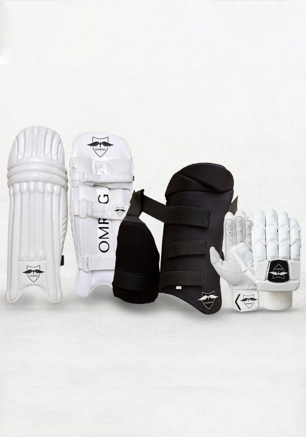OMRAG - Cricket Bundle Batting Gloves Pads Thigh Pads Adult Men Right Hand Black Gloves