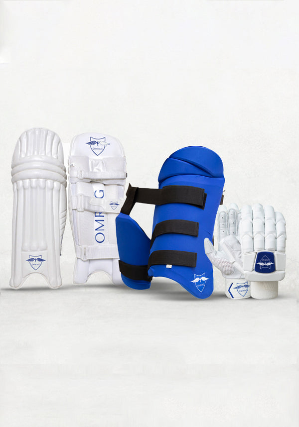 OMRAG - Cricket Bundle Batting Gloves Pads Thigh Pads Adult Men Right Hand Blue Gloves